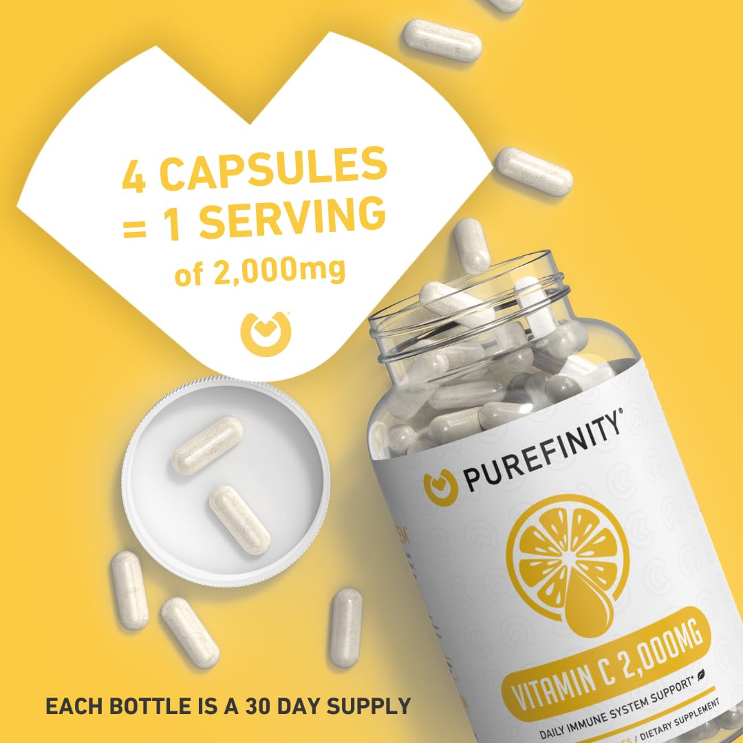 Purefinity Vitamin C label closeup highlighting US-made quality and GMP standards.