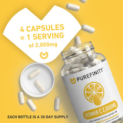 Purefinity Vitamin C label closeup highlighting US-made quality and GMP standards.