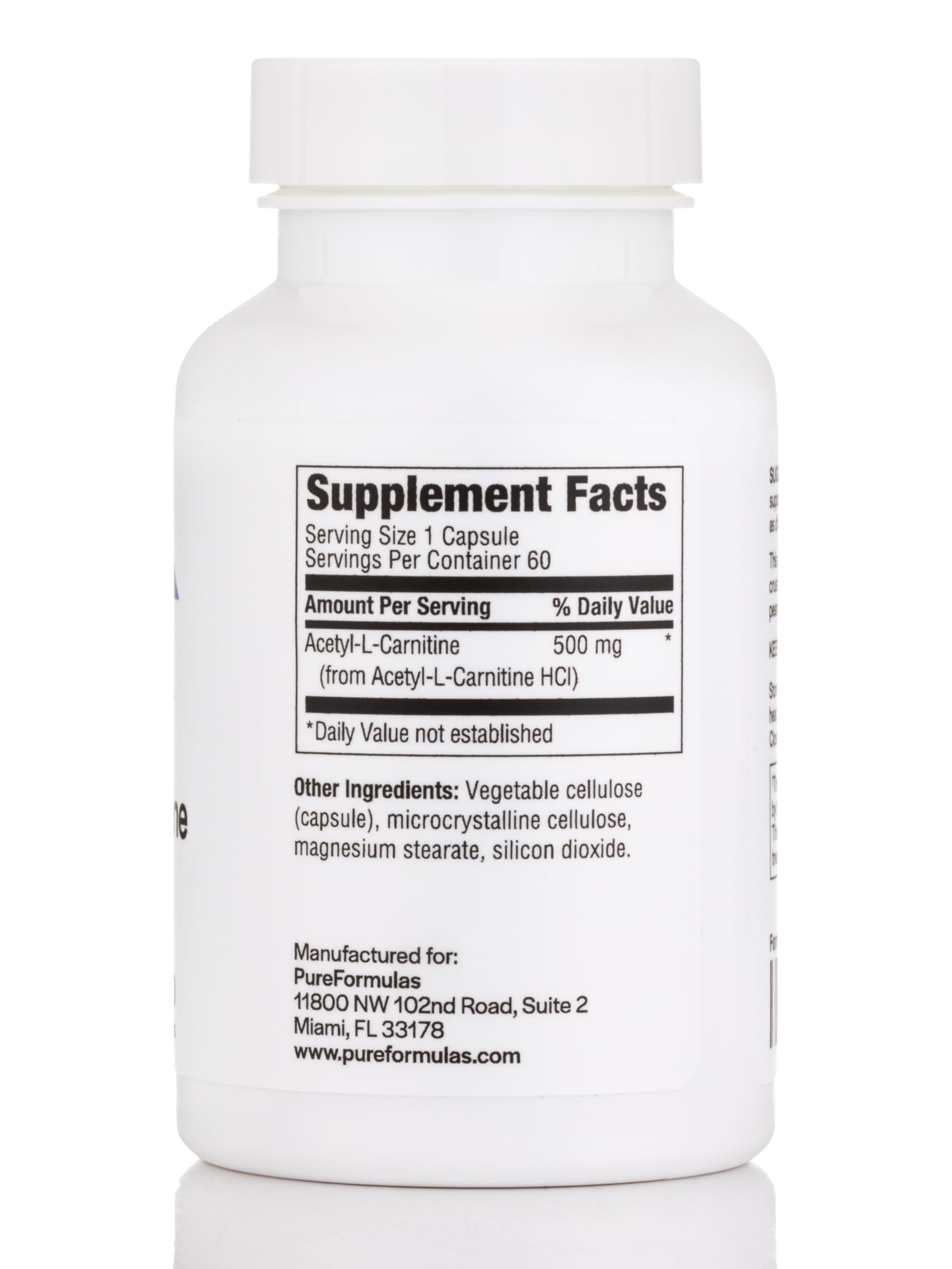 PureFormulas Acetyl L-Carnitine bottle label highlighting purity and dairy-free claim