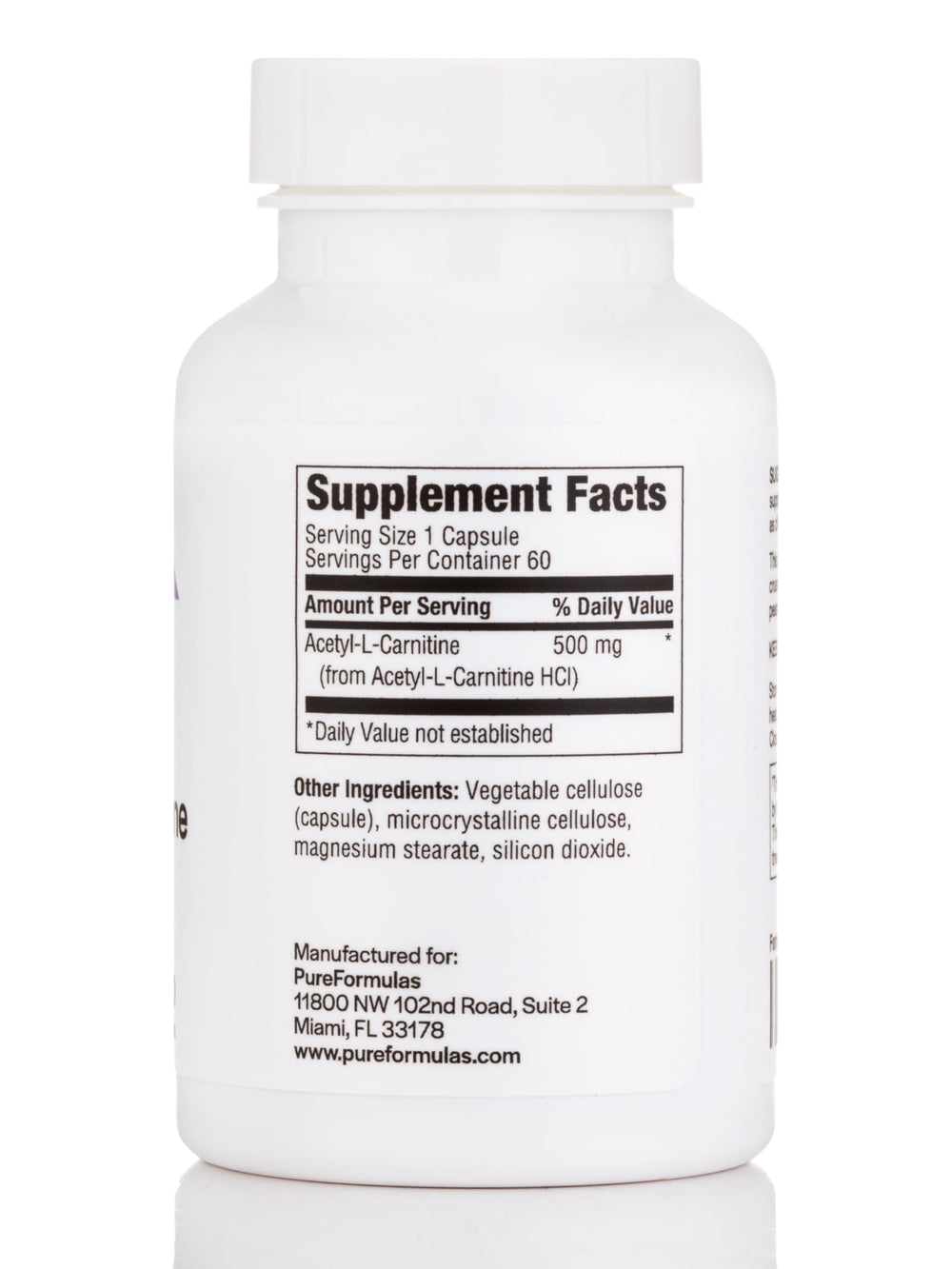 PureFormulas Acetyl L-Carnitine bottle label highlighting purity and dairy-free claim