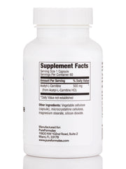 PureFormulas Acetyl L-Carnitine bottle label highlighting purity and dairy-free claim