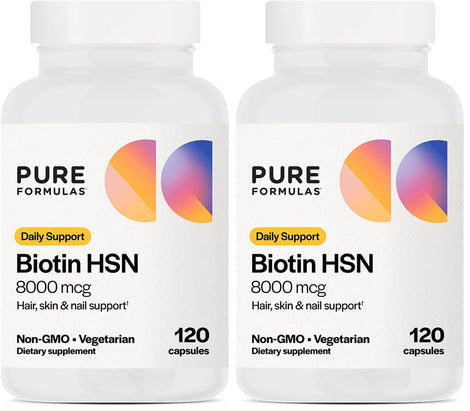 PureFormulas Biotin 8000 mcg bottle for healthy hair, skin and nails.