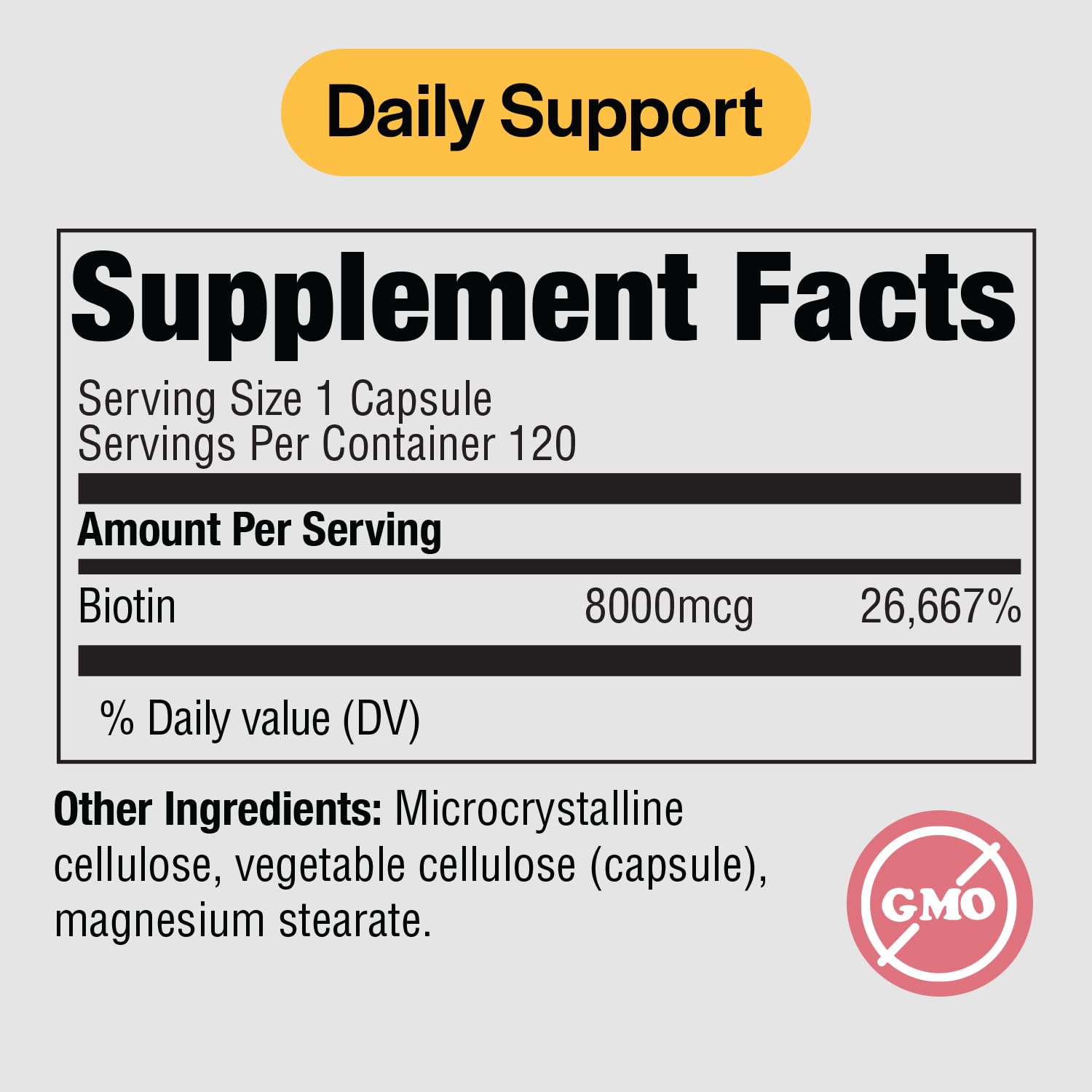 Close-up of PureFormulas Biotin 8000 mcg capsules for daily use.