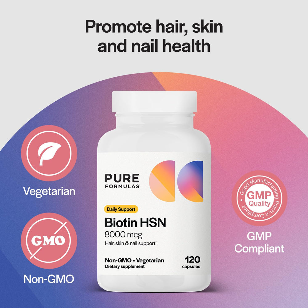 Label detail of PureFormulas Biotin 8000 mcg showing quality and non-GMO ingredients.