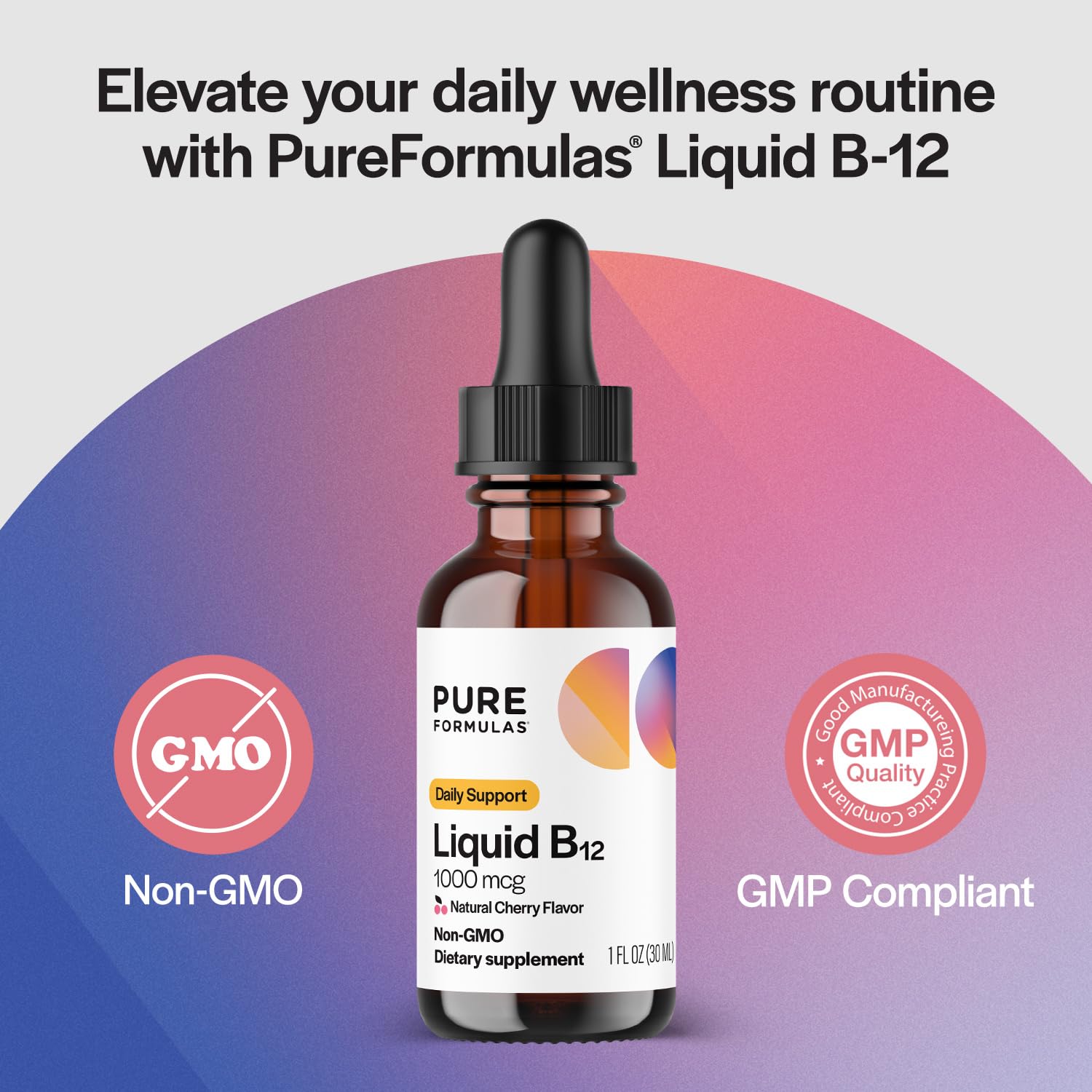 PureFormulas cherry-flavor B12 drops bottle ideal for easy daily intake