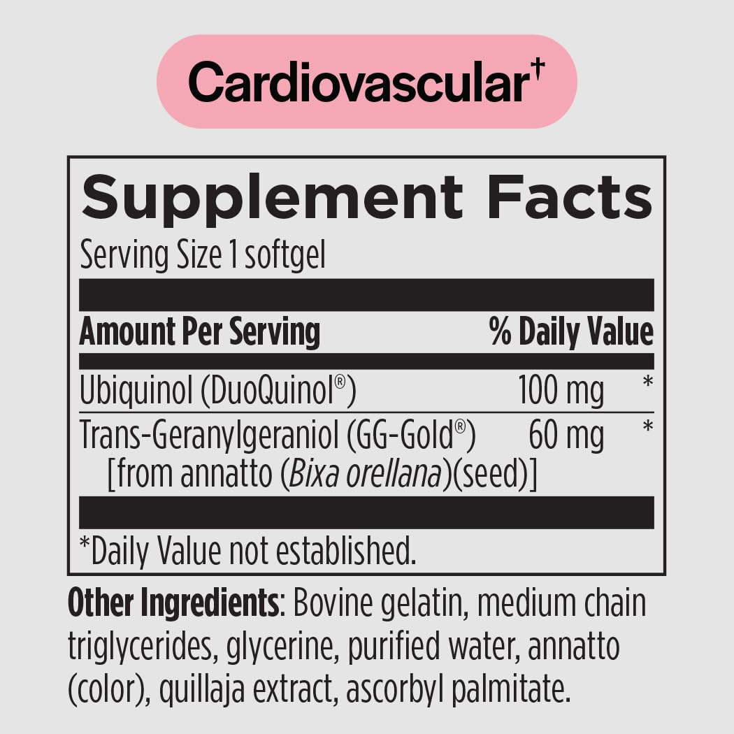 PureFormulas CoQ10 GG softgels label close-up highlighting transparency