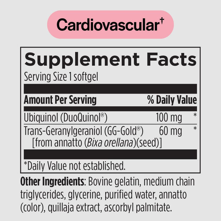 PureFormulas CoQ10 GG softgels label close-up highlighting transparency