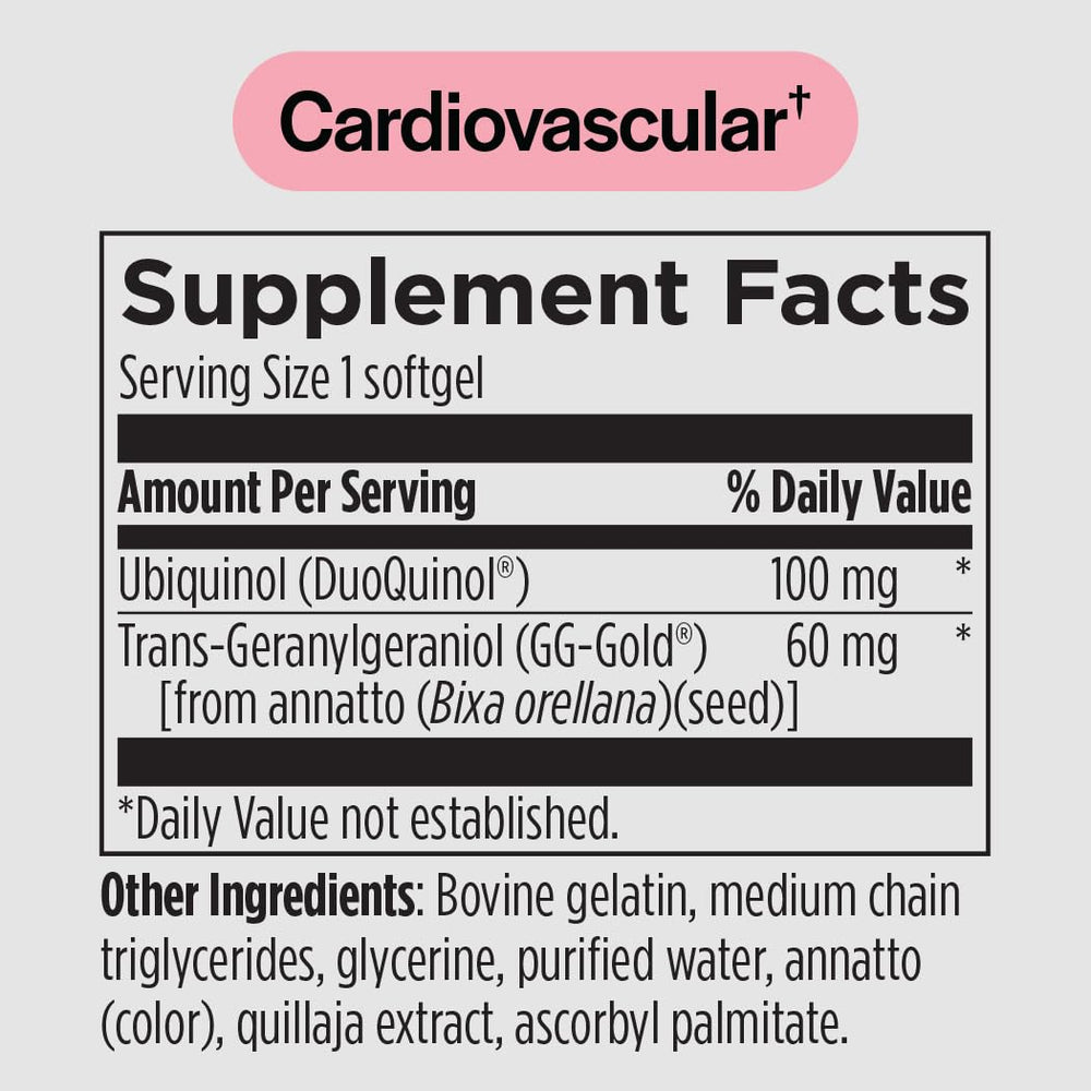 PureFormulas CoQ10 GG softgels label close-up highlighting transparency