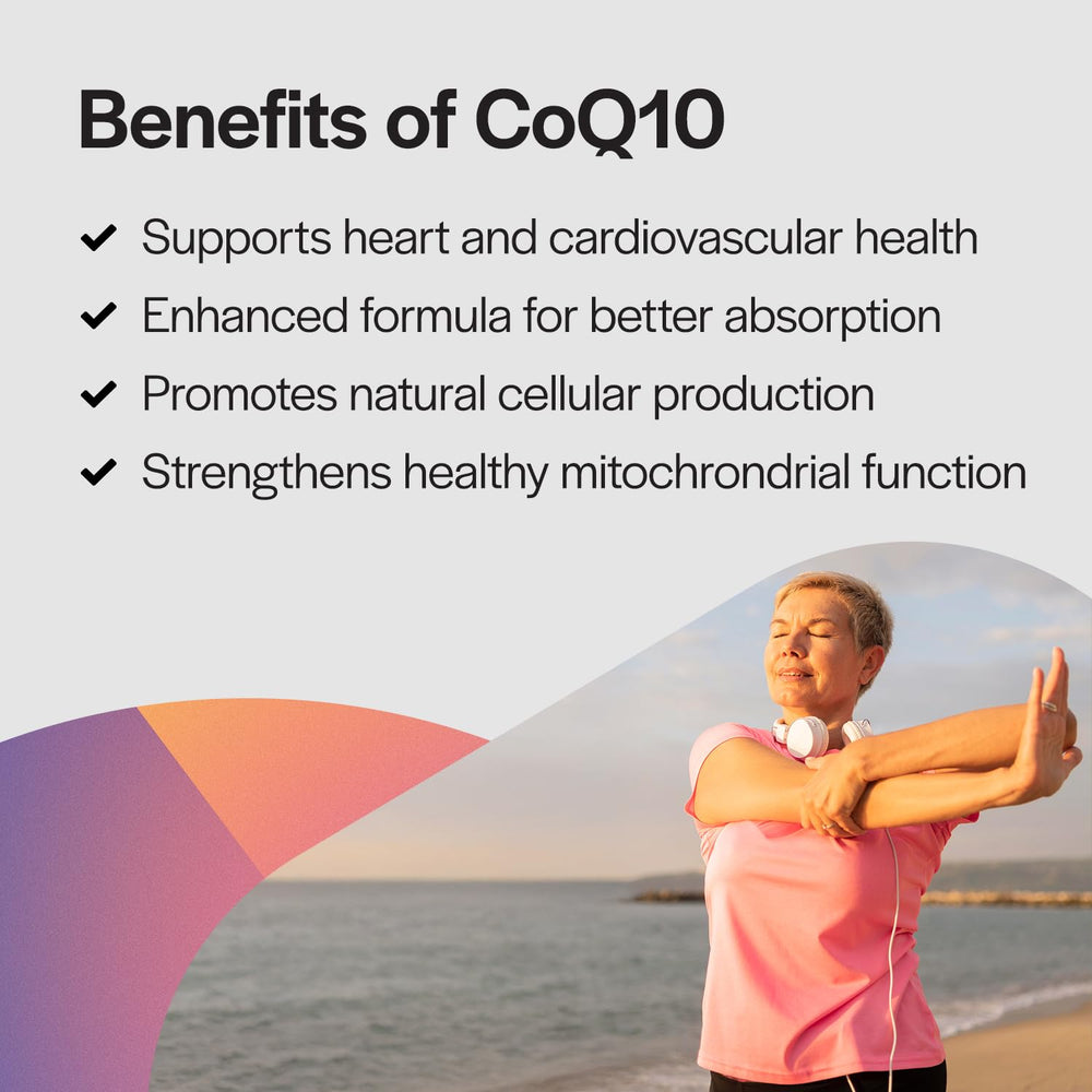 PureFormulas CoQ10 GG softgels on a clean wellness setup for daily routine