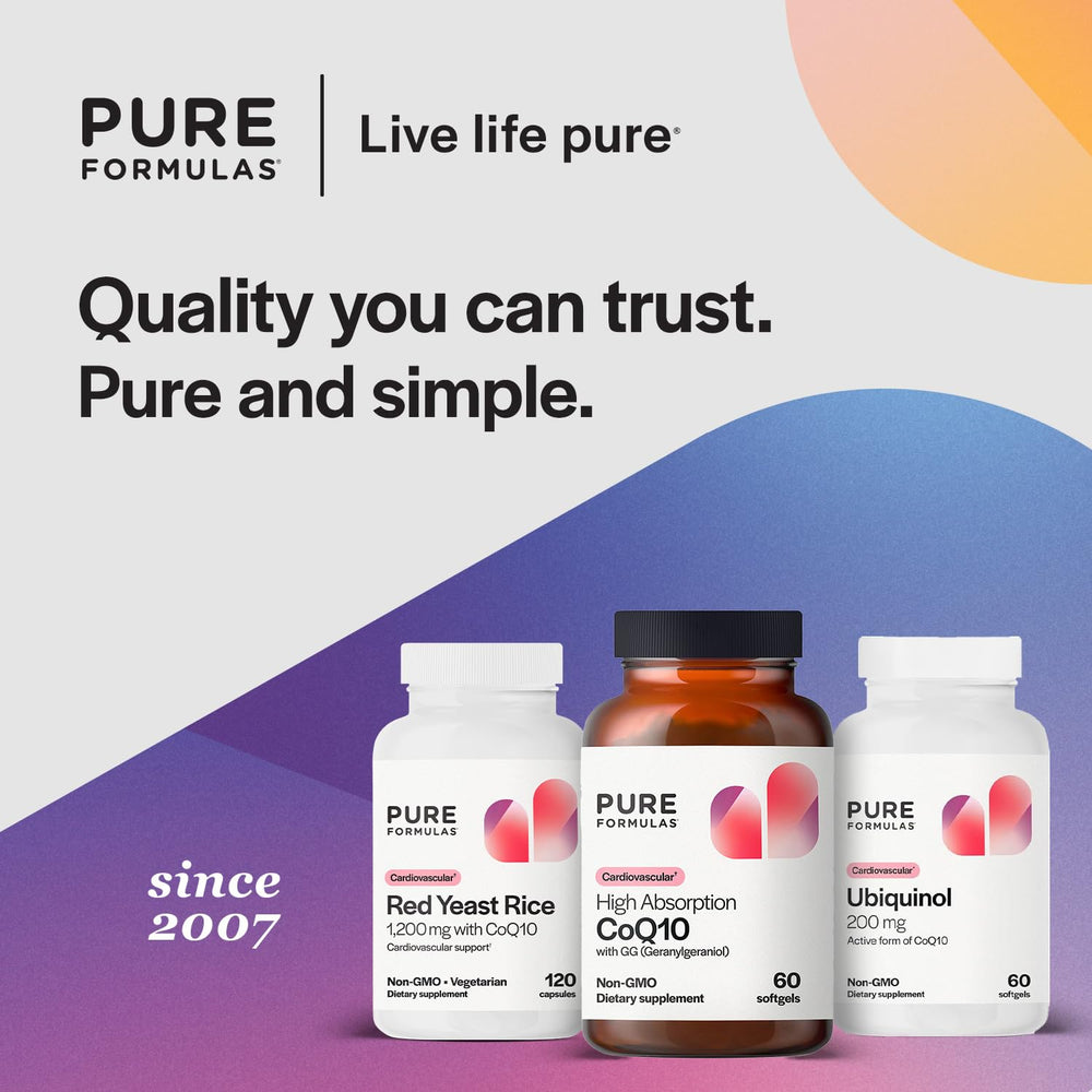 PureFormulas CoQ10 GG softgels ingredients panel with GG information