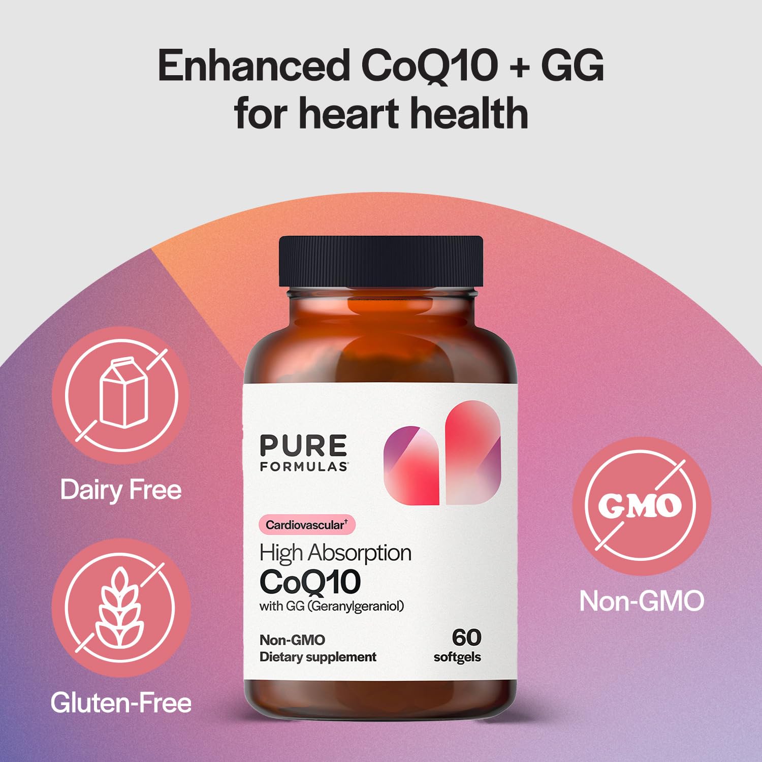 PureFormulas CoQ10 GG softgels bottle with easy daily dosing