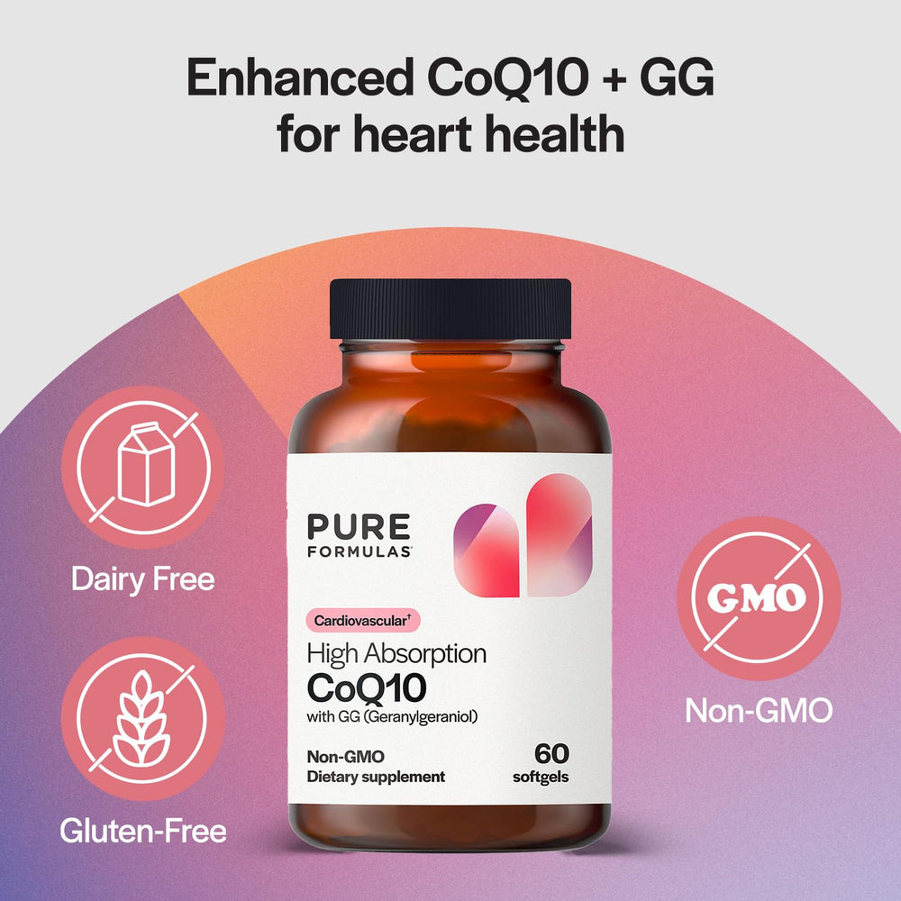 PureFormulas CoQ10 GG softgels bottle with easy daily dosing