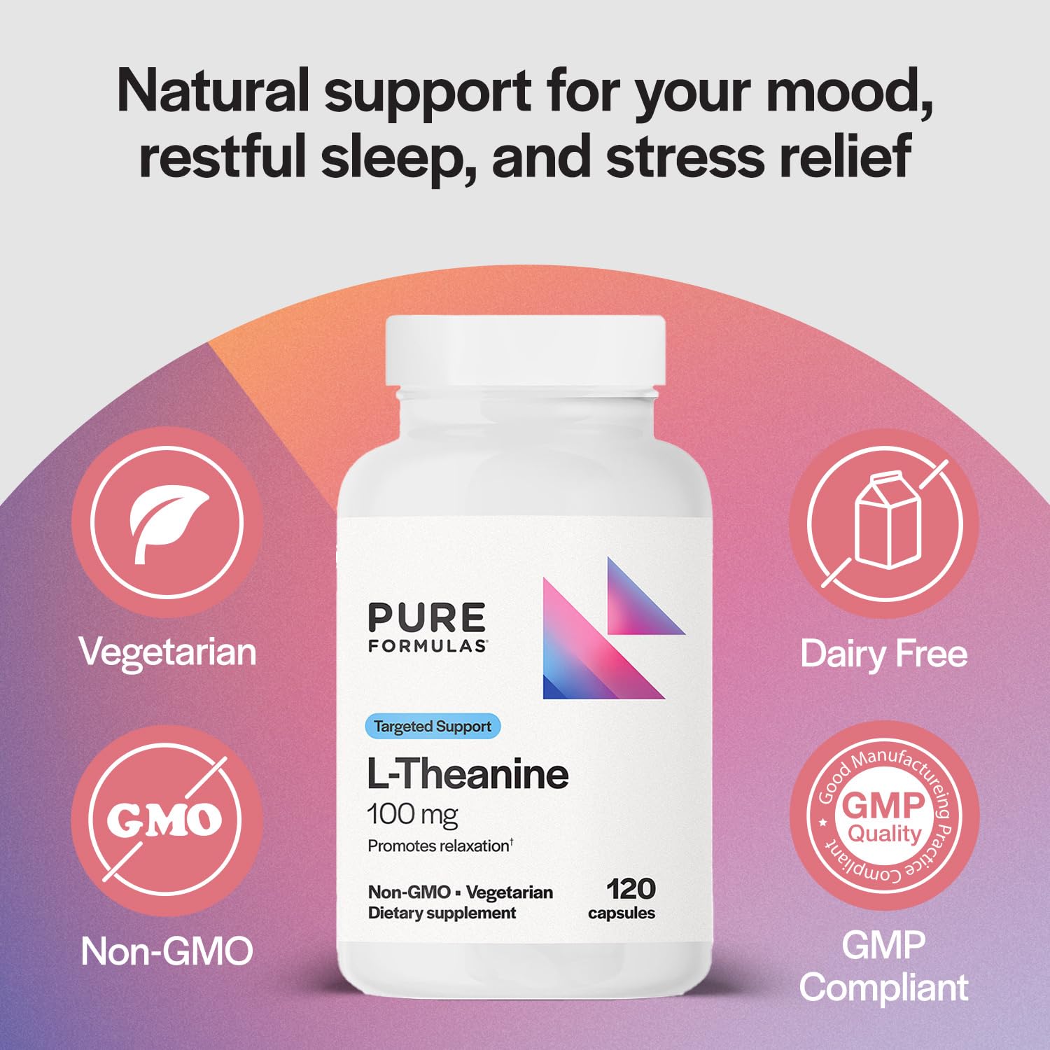 PureFormulas L-Theanine label highlighting non-GMO and dairy-free ingredients