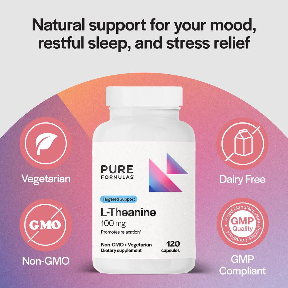 PureFormulas L-Theanine label highlighting non-GMO and dairy-free ingredients