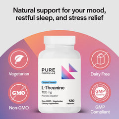 PureFormulas L-Theanine label highlighting non-GMO and dairy-free ingredients