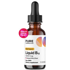 PureFormulas Liquid B12 1000 mcg cherry bottle supports daily energy