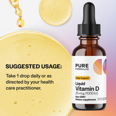 PureFormulas Vitamin D3 drops amber bottle scene on shelf.