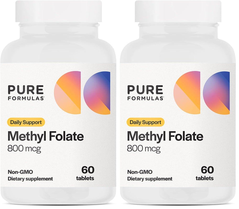 PureFormulas methylfolate 800mcg bottle shows active 5-MTHF for heart support
