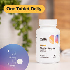 PureFormulas methylfolate 800mcg label closeup emphasizes purity and quality