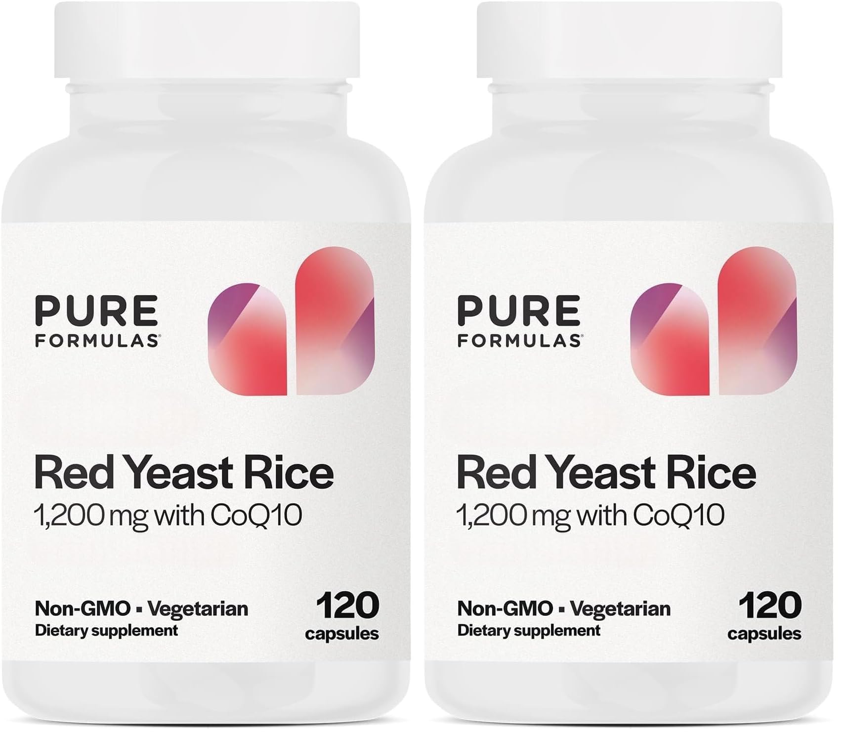 PureFormulas Red Yeast Rice bottle shows 1200 mg per serving with CoQ10, for daily wellness support.