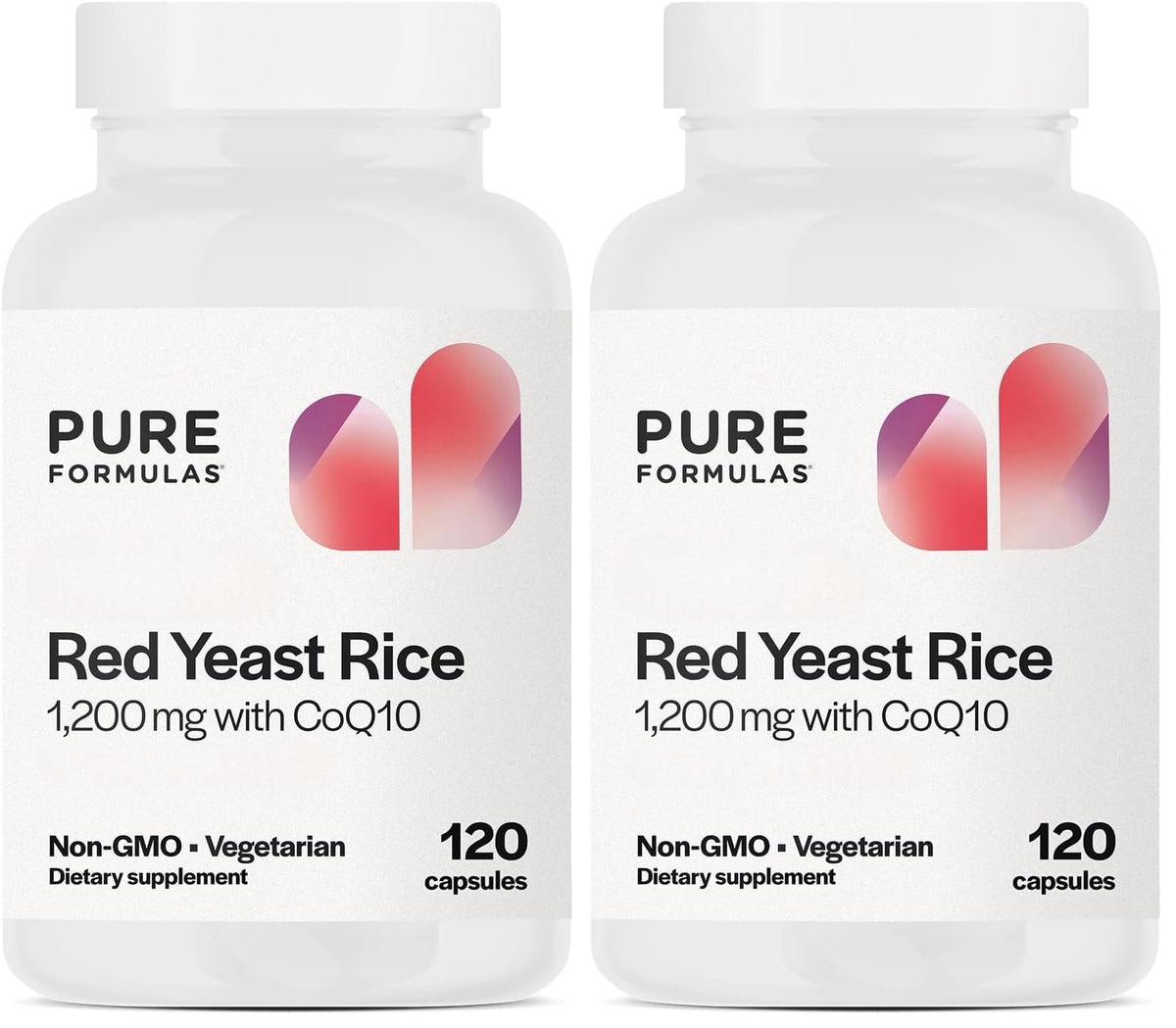 PureFormulas Red Yeast Rice bottle shows 1200 mg per serving with CoQ10, for daily wellness support.