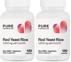 PureFormulas Red Yeast Rice bottle shows 1200 mg per serving with CoQ10, for daily wellness support.