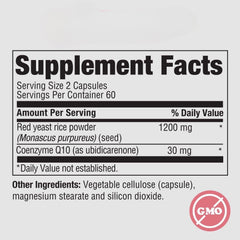 PureFormulas Red Yeast Rice capsules close-up, emphasizing dosage and form.