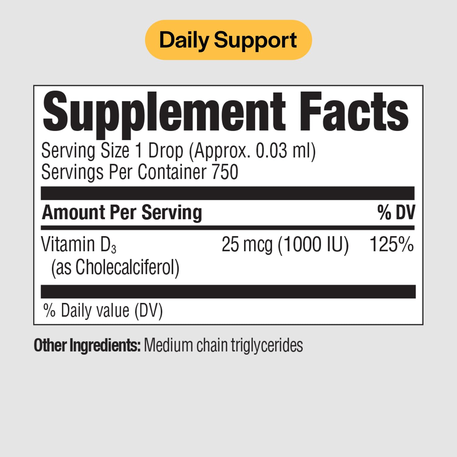 PureFormulas Vitamin D3 liquid bottle closeup highlighting dosage.