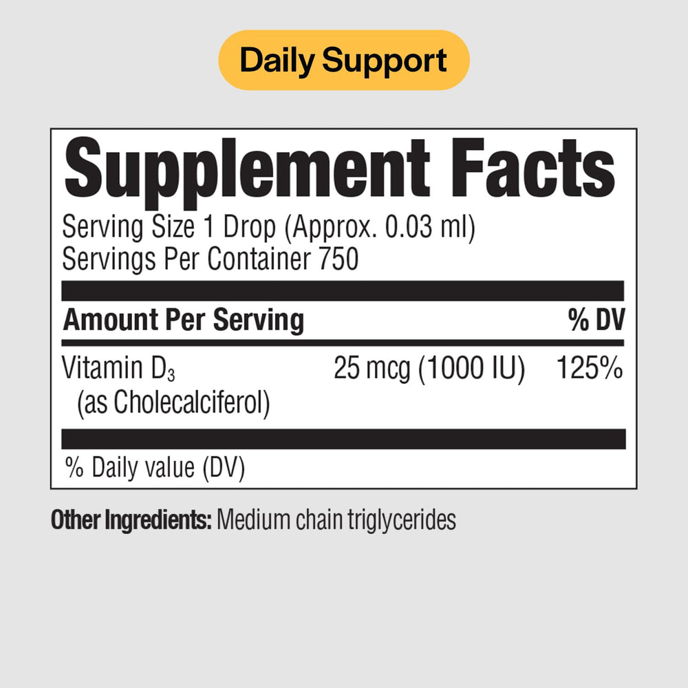 PureFormulas Vitamin D3 liquid bottle closeup highlighting dosage.