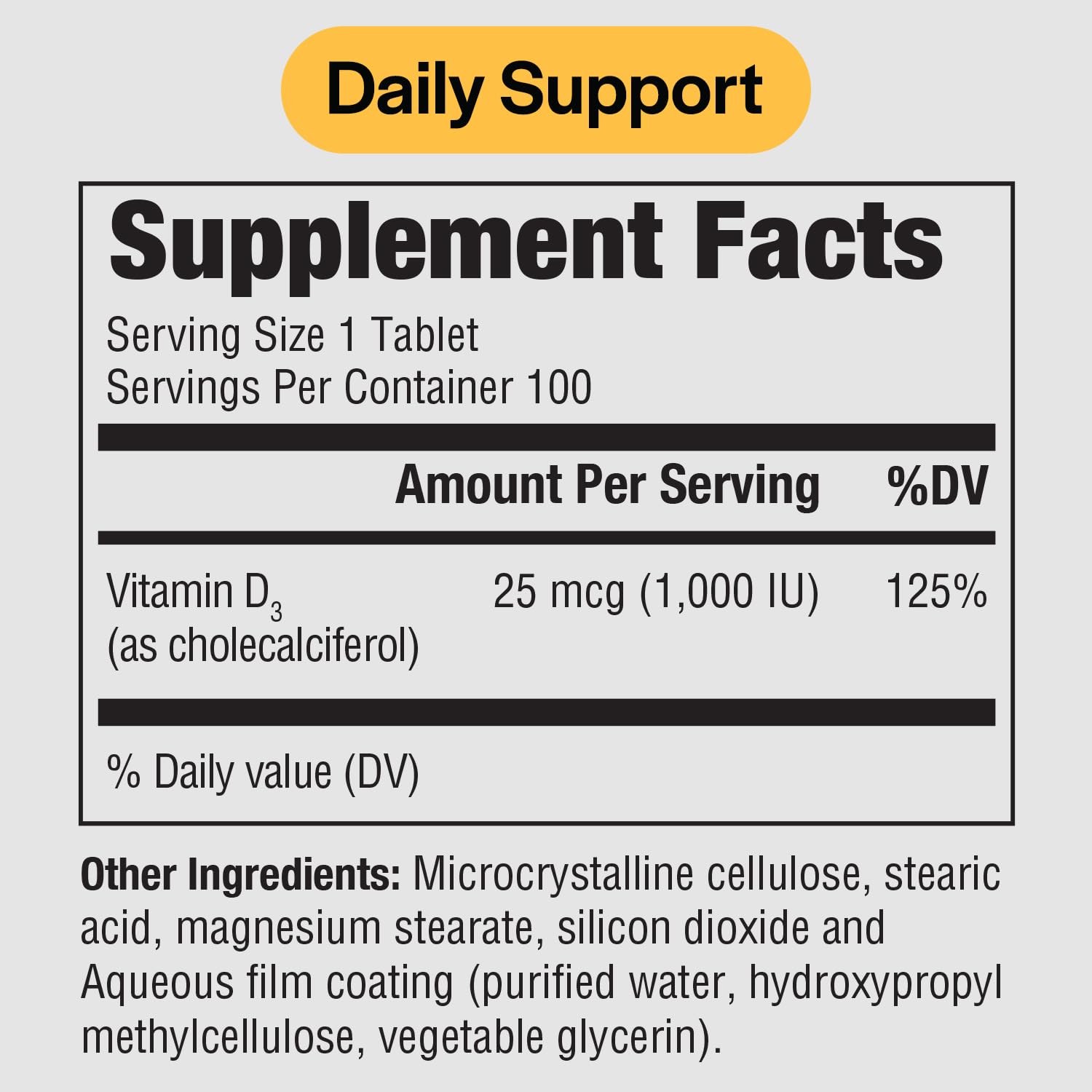PureFormulas Vitamin D3 1000 IU label detail highlights non-GMO quality and potency.