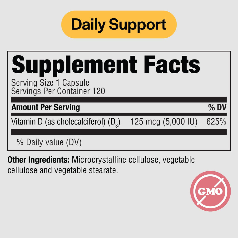 PureFormulas Vitamin D3 5000 IU bottle back shows dosage for bone support.