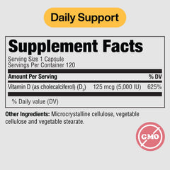 PureFormulas Vitamin D3 5000 IU bottle back shows dosage for bone support.