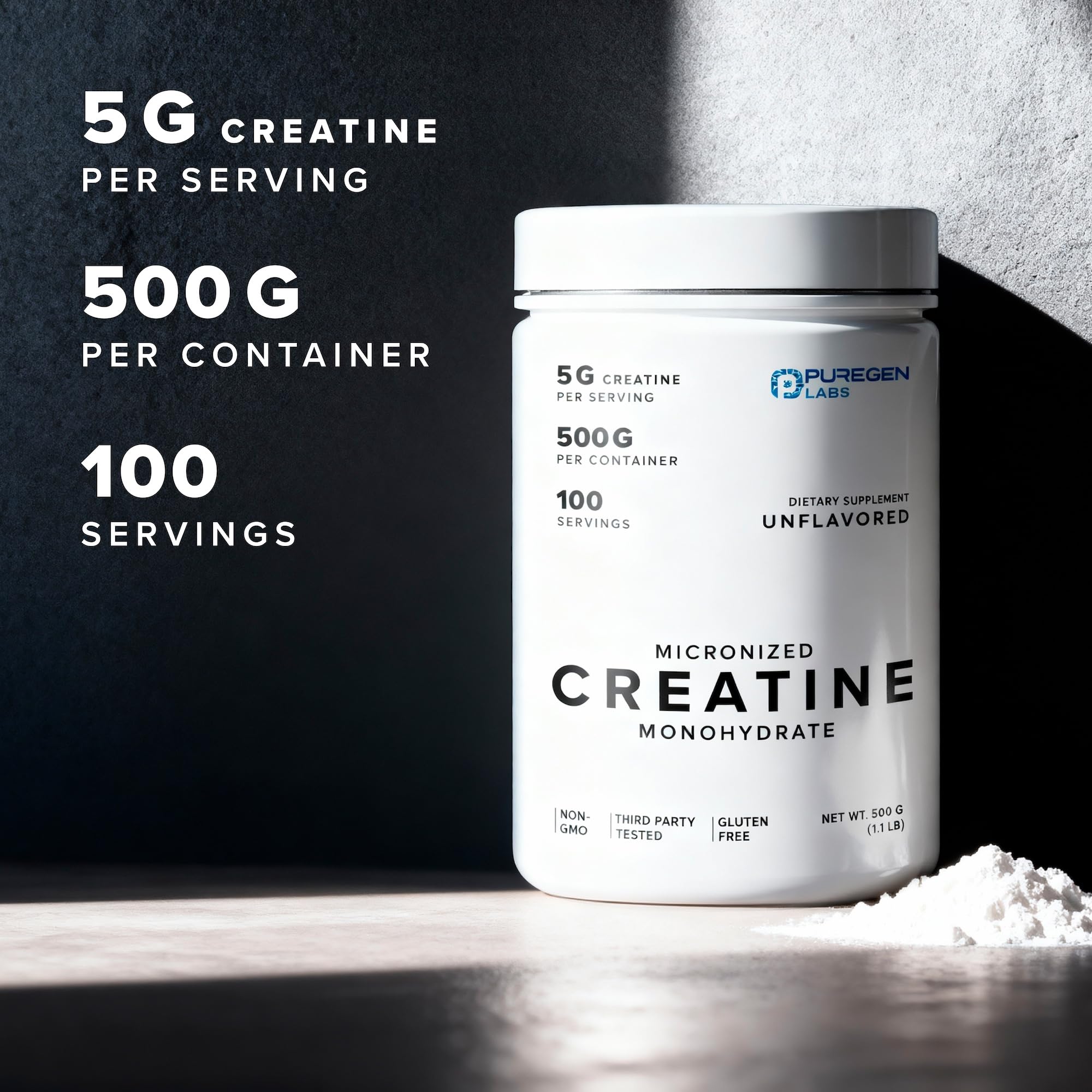 Puregen Labs creatine powder close-up emphasizes purity and clean formula.