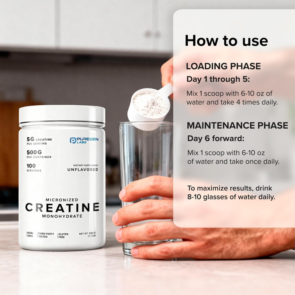 Puregen Labs creatine powder package featuring GMP and third-party testing.