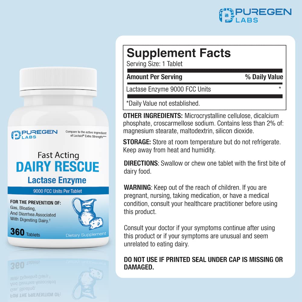 Puregen Labs Dairy Relief tablets close-up with 9000 FCC potency.