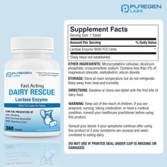 Puregen Labs Dairy Relief tablets close-up with 9000 FCC potency.