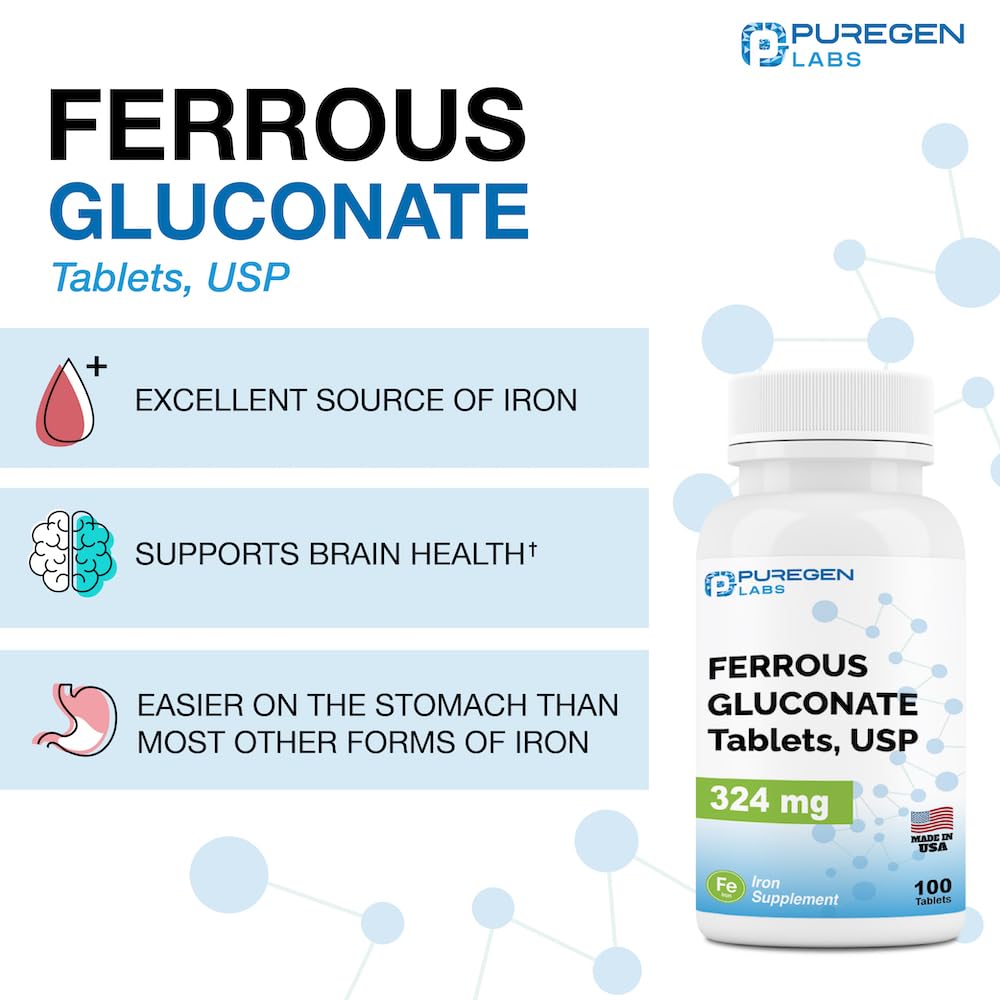 Puregen Labs ferrous gluconate label front highlighting safety and daily support