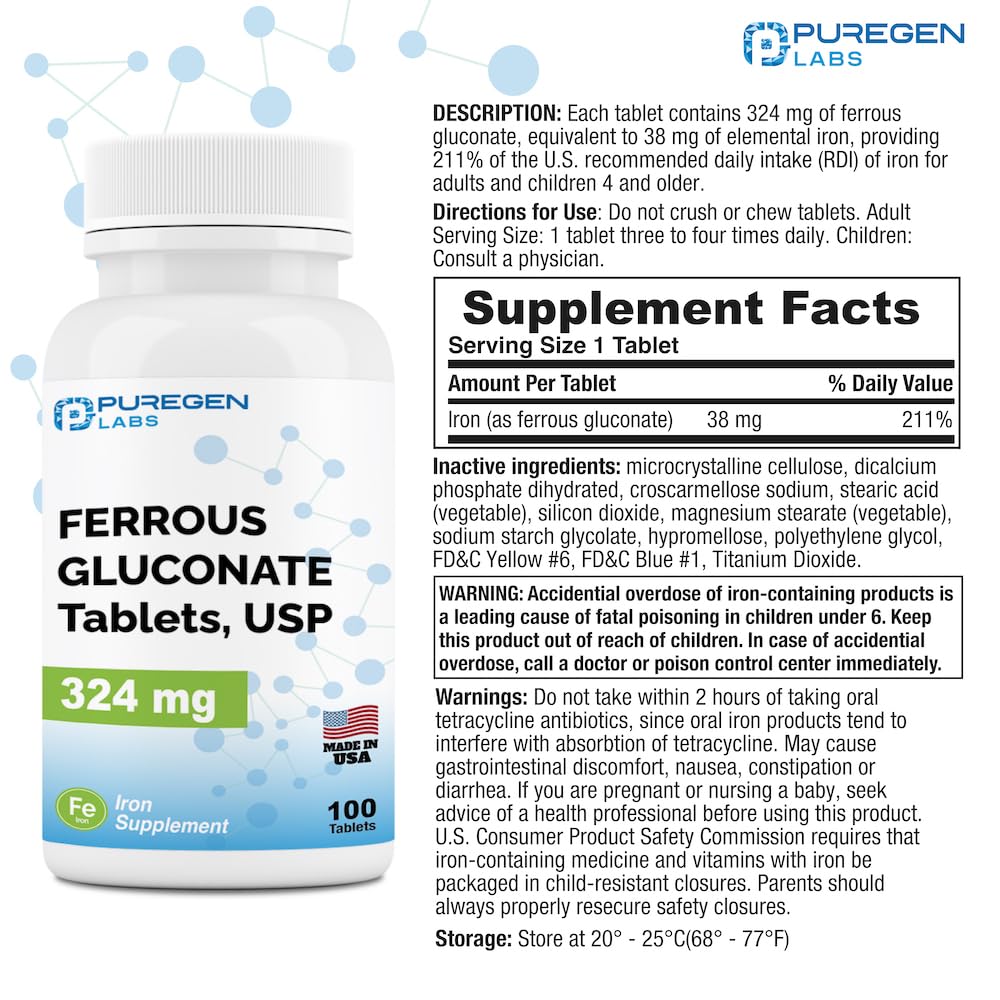 Puregen Labs ferrous gluconate tablets pack for everyday iron needs