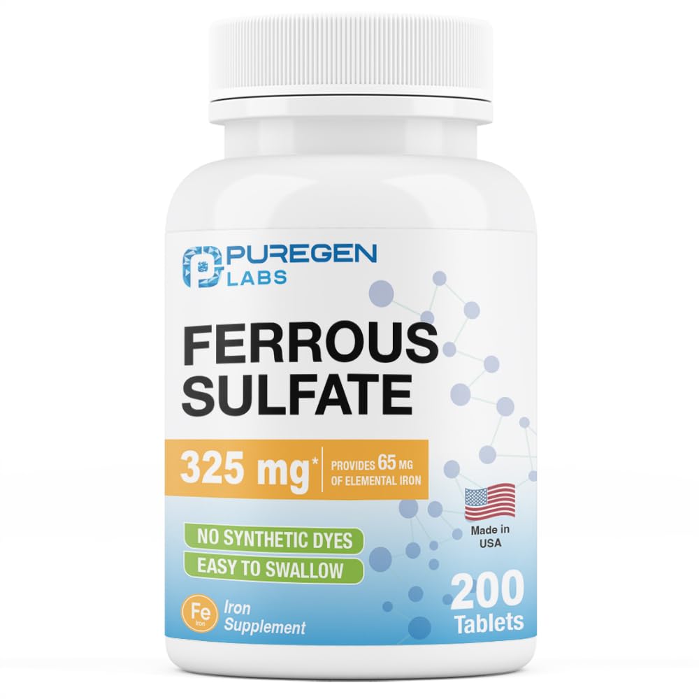 Puregen Labs Ferrous Sulfate 325 mg bottle showing high potency iron for daily support