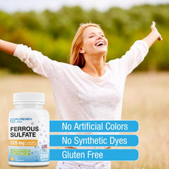 Nutrition label on Puregen Labs Ferrous Sulfate showing 211 percent daily value