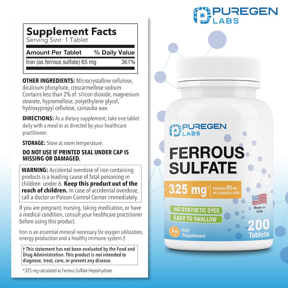 Close-up of Puregen Labs Ferrous Sulfate tablets highlighting 65 mg elemental iron per pill