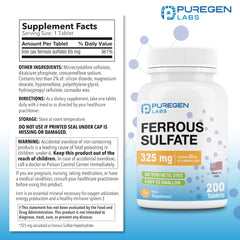 Close-up of Puregen Labs Ferrous Sulfate tablets highlighting 65 mg elemental iron per pill