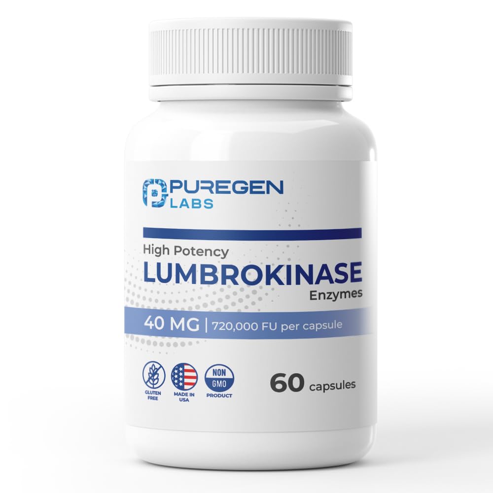 Puregen Labs Lumbrokinase 40mg bottle front for high potency daily supplement