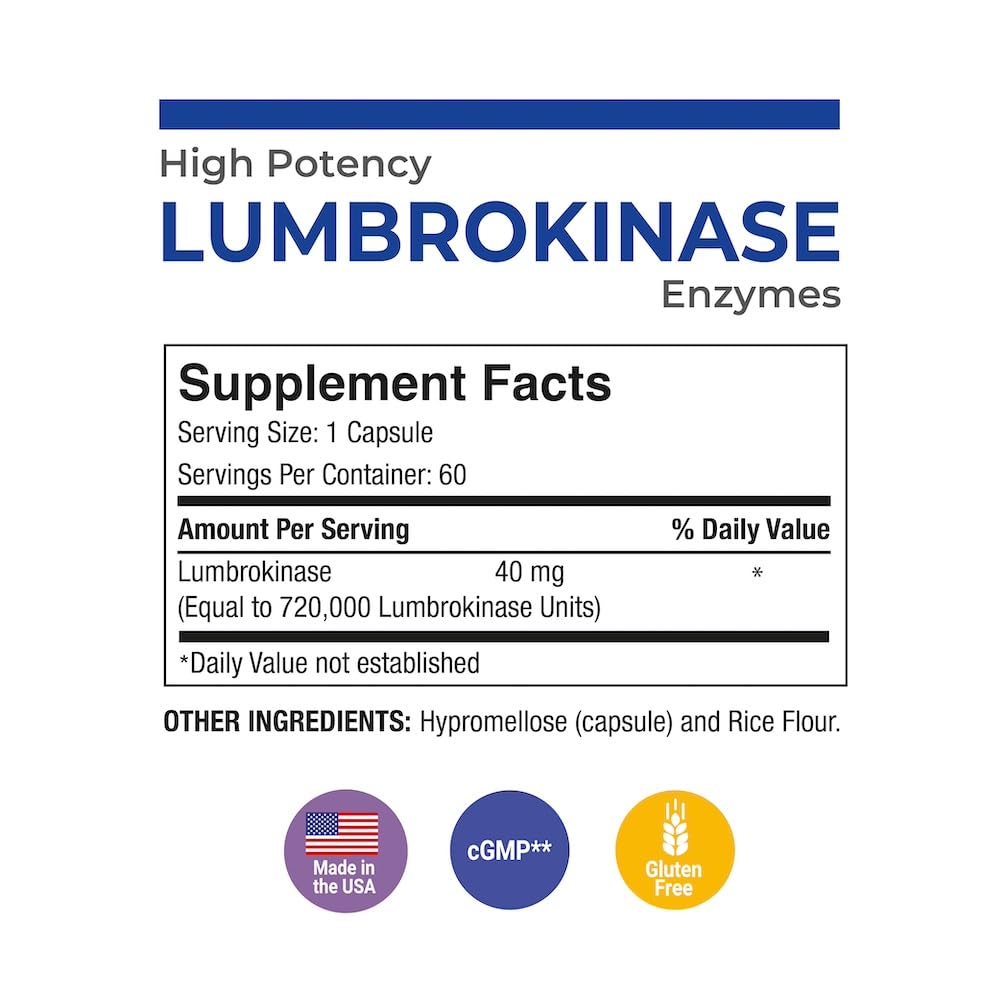 Puregen Labs Lumbrokinase 40mg bottle label showing gluten-free and non-GMO signs