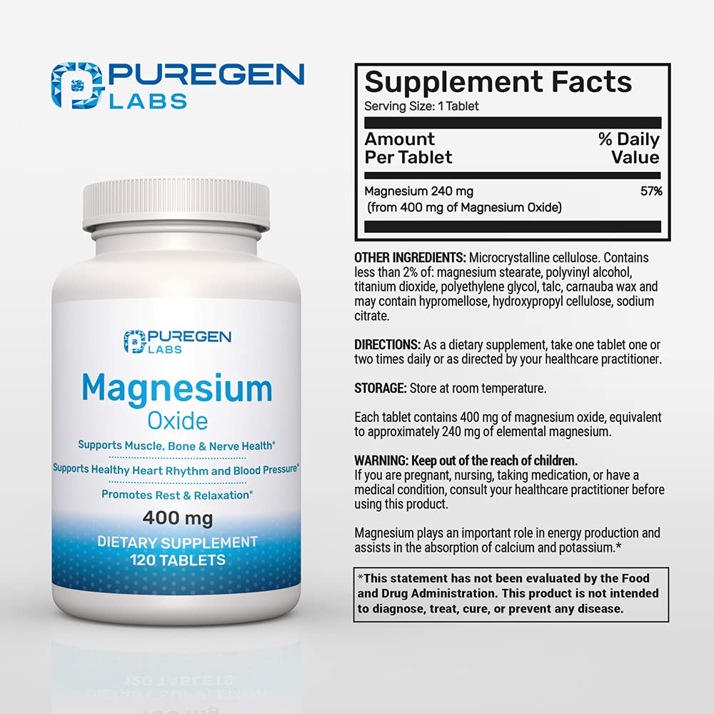 P Puregen Labs Magnesium 400mg capsules close-up, showing easy-to-swallow tablets.