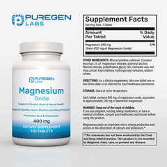 P Puregen Labs Magnesium 400mg capsules close-up, showing easy-to-swallow tablets.