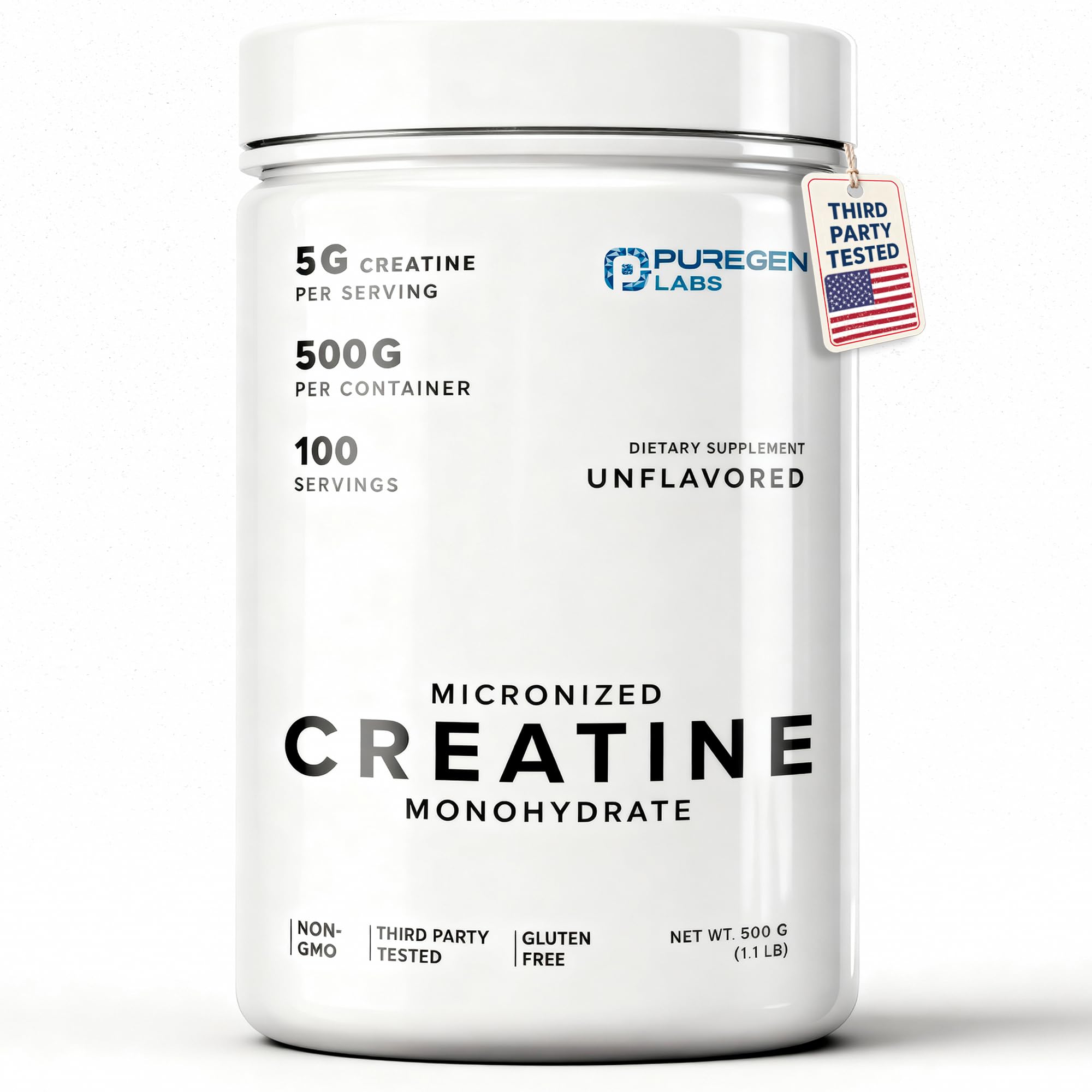 Puregen Labs micronized creatine powder bottle shows purity for athletes.