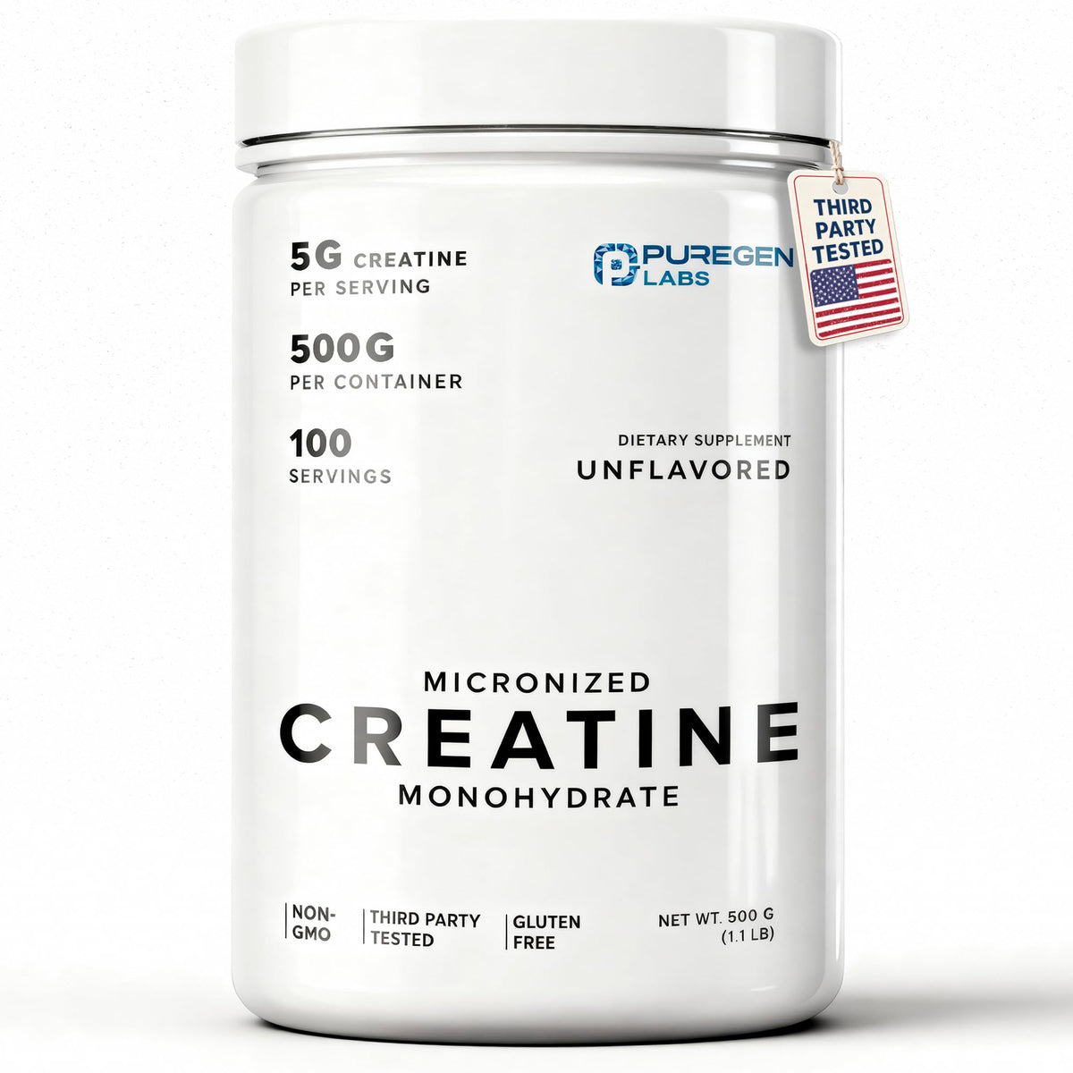 Puregen Labs micronized creatine powder bottle shows purity for athletes.