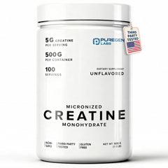 Puregen Labs micronized creatine powder bottle shows purity for athletes.