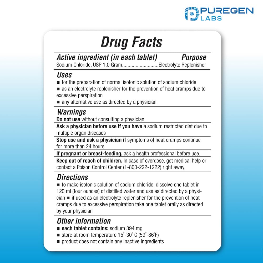Puregen Labs Sodium Chloride tablets bottle, convenient electrolyte replenishment on the go